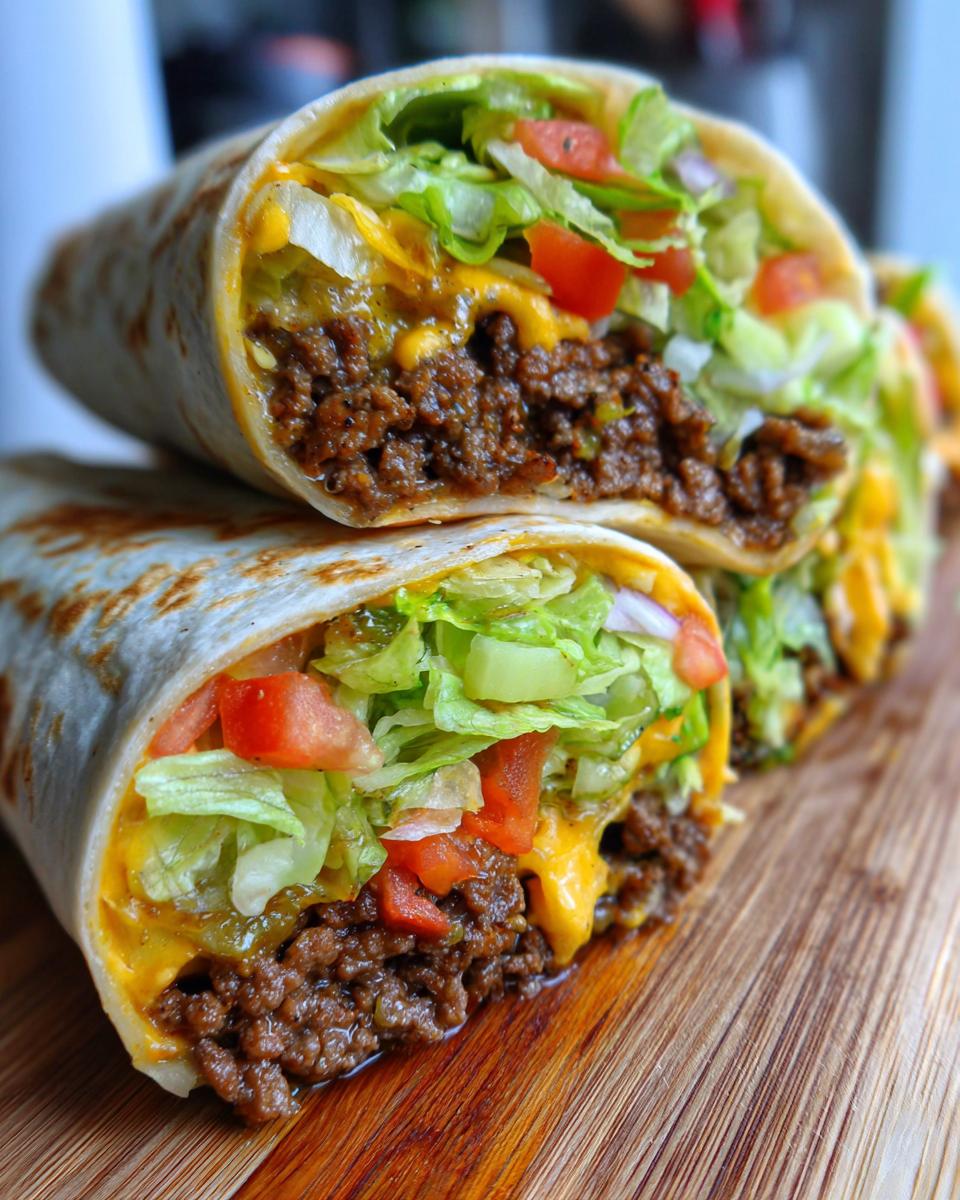 Nahaufnahme von hausgemachten Big-Mac-Wraps, gefüllt mit Hackfleisch, Käse, Salat und Tomaten.