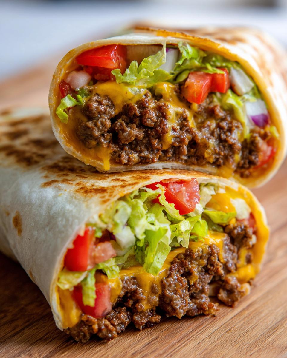 Nahaufnahme von hausgemachten Big-Mac-Wraps, gefüllt mit Hackfleisch, Käse, Salat, Tomaten und Zwiebeln.