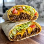 Nahaufnahme von aufgeschnittenen Hausgemachten Big-Mac-Wraps, gefüllt mit Hackfleisch, Käse, Salat und Tomaten.