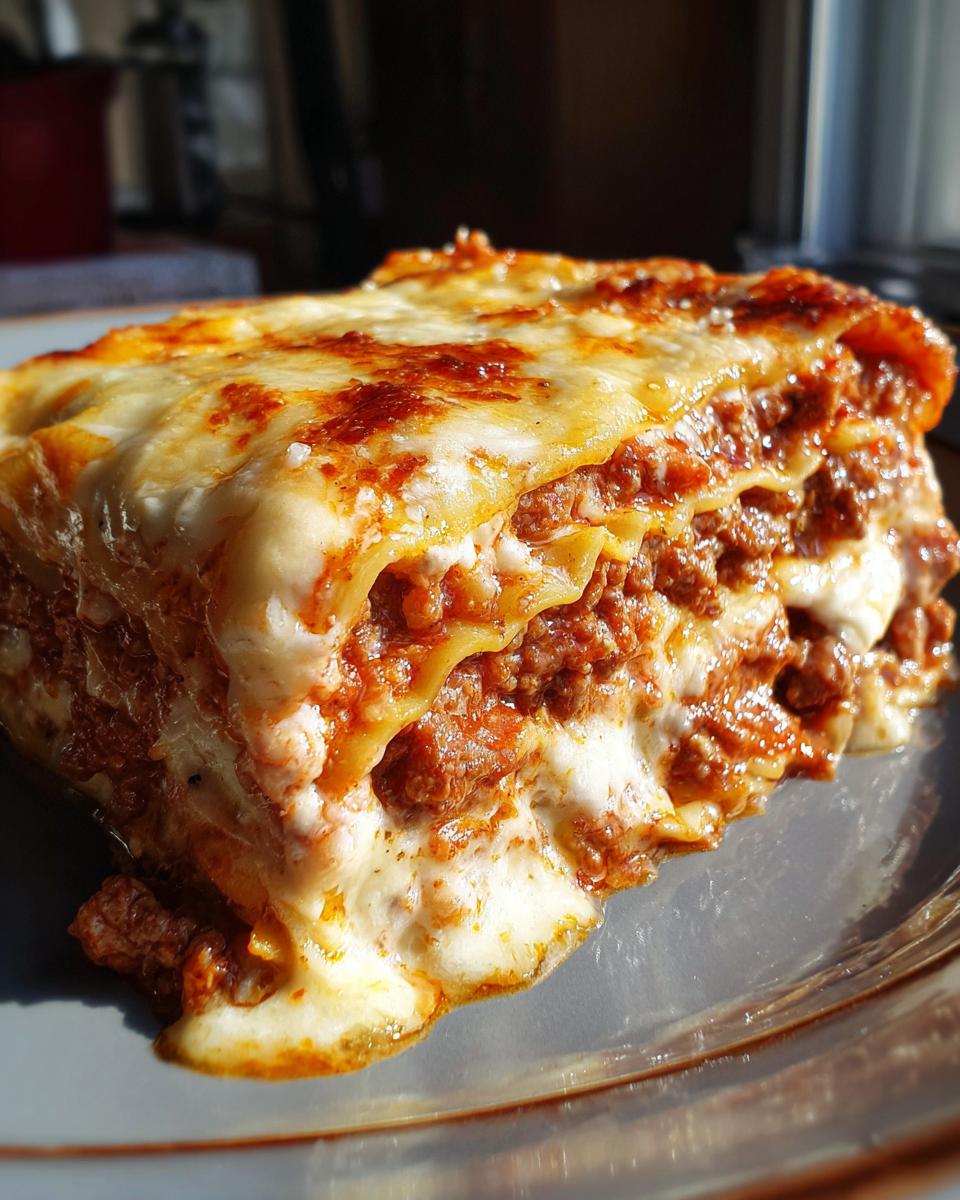 Nahaufnahme eines Stücks hausgemachter Lasagne al Forno mit saftiger Bolognese und geschmolzenem Käse.