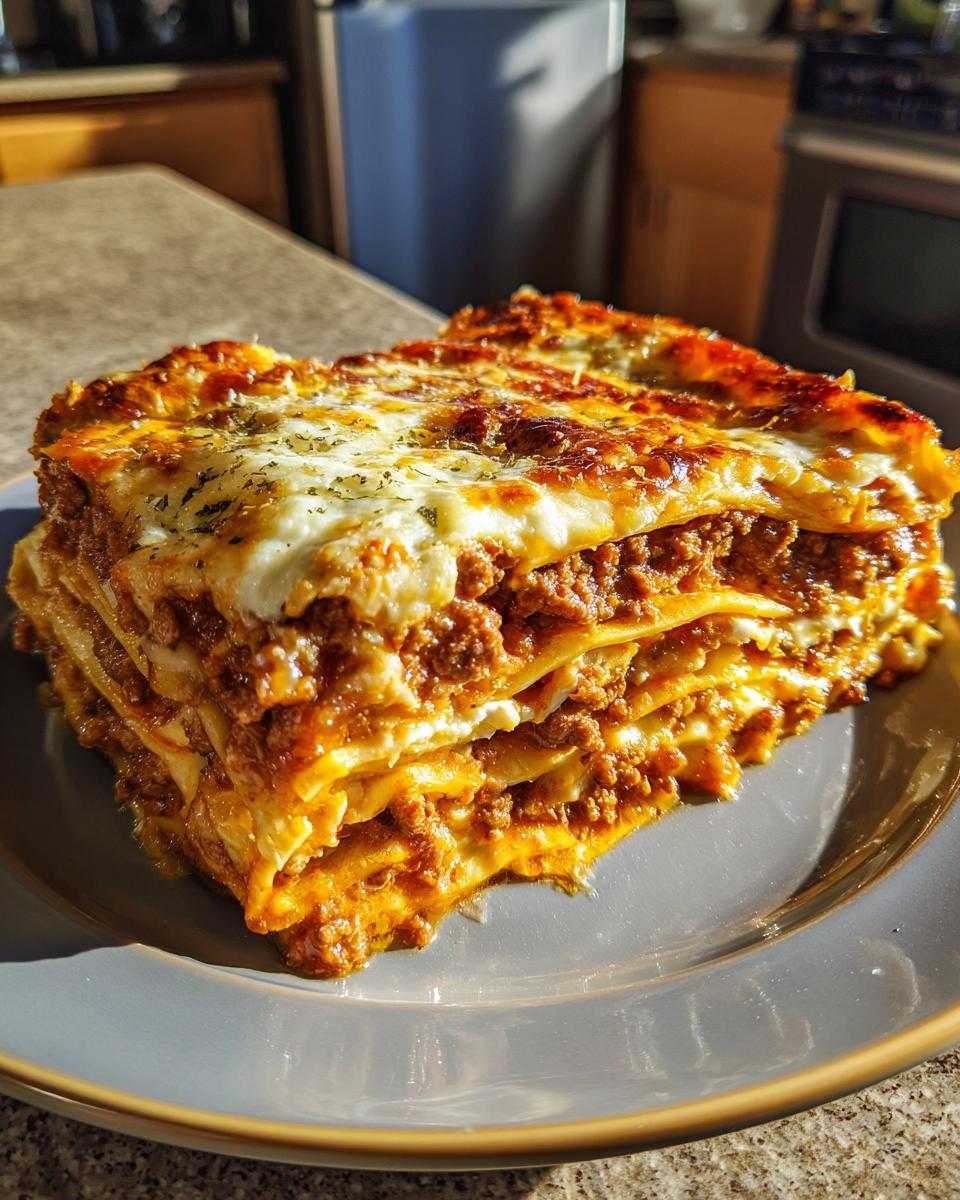 Ein saftiges Stück hausgemachte Lasagne al Forno mit geschmolzenem Käse und Hackfleischsoße auf einem Teller.