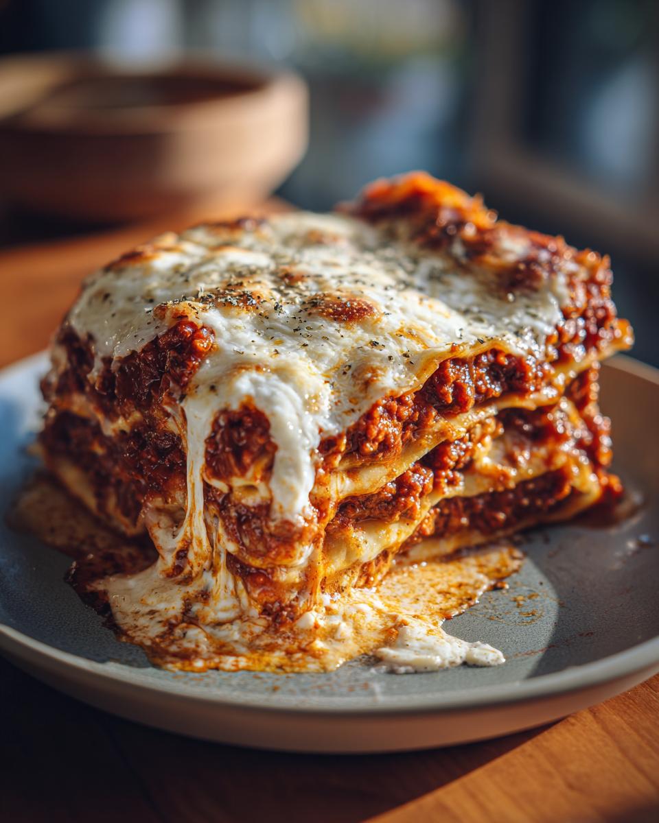 Nahaufnahme einer hausgemachten Lasagne al Forno mit geschmolzenem Käse und reichhaltiger Bolognese-Sauce.