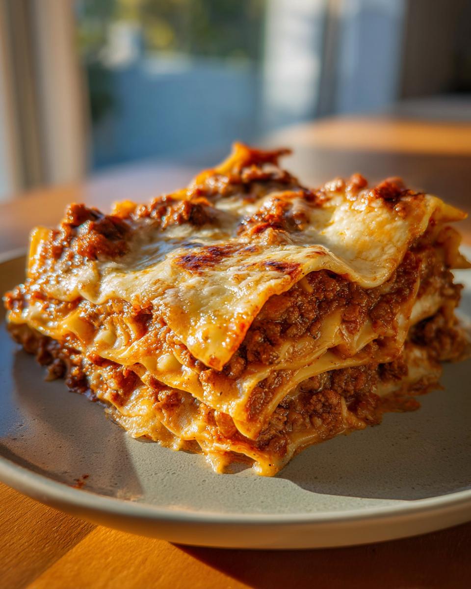 Ein saftiges Stück hausgemachter Lasagne al Forno auf einem Teller, mit geschmolzenem Käse und reichhaltiger Bolognesesauce.