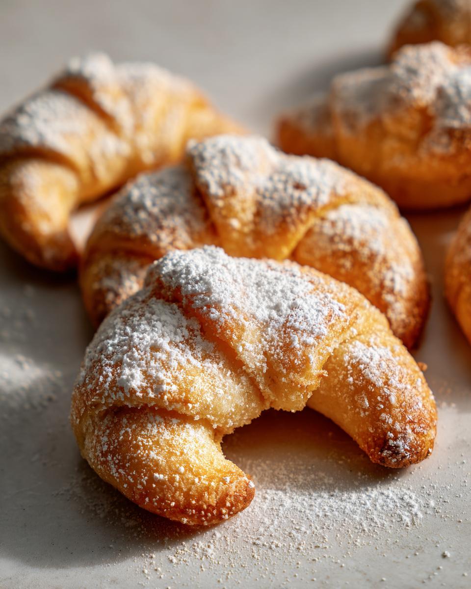 Nahaufnahme von hausgemachten Vanillekipferln, bestäubt mit Puderzucker, auf einer hellen Oberfläche.