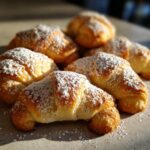 Nahaufnahme von hausgemachten Vanillekipferln, bestäubt mit Puderzucker, im warmen Sonnenlicht.