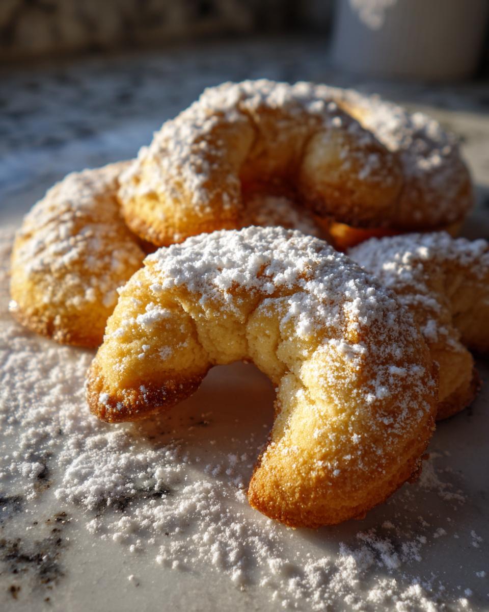 Nahaufnahme von hausgemachten Vanillekipferl, bestäubt mit Puderzucker, auf einer Marmorplatte.