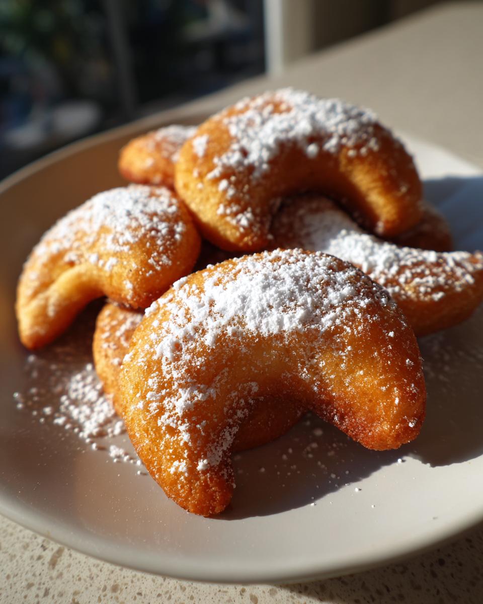Nahaufnahme von hausgemachten Vanillekipferl, bestäubt mit Puderzucker, auf einem Teller.