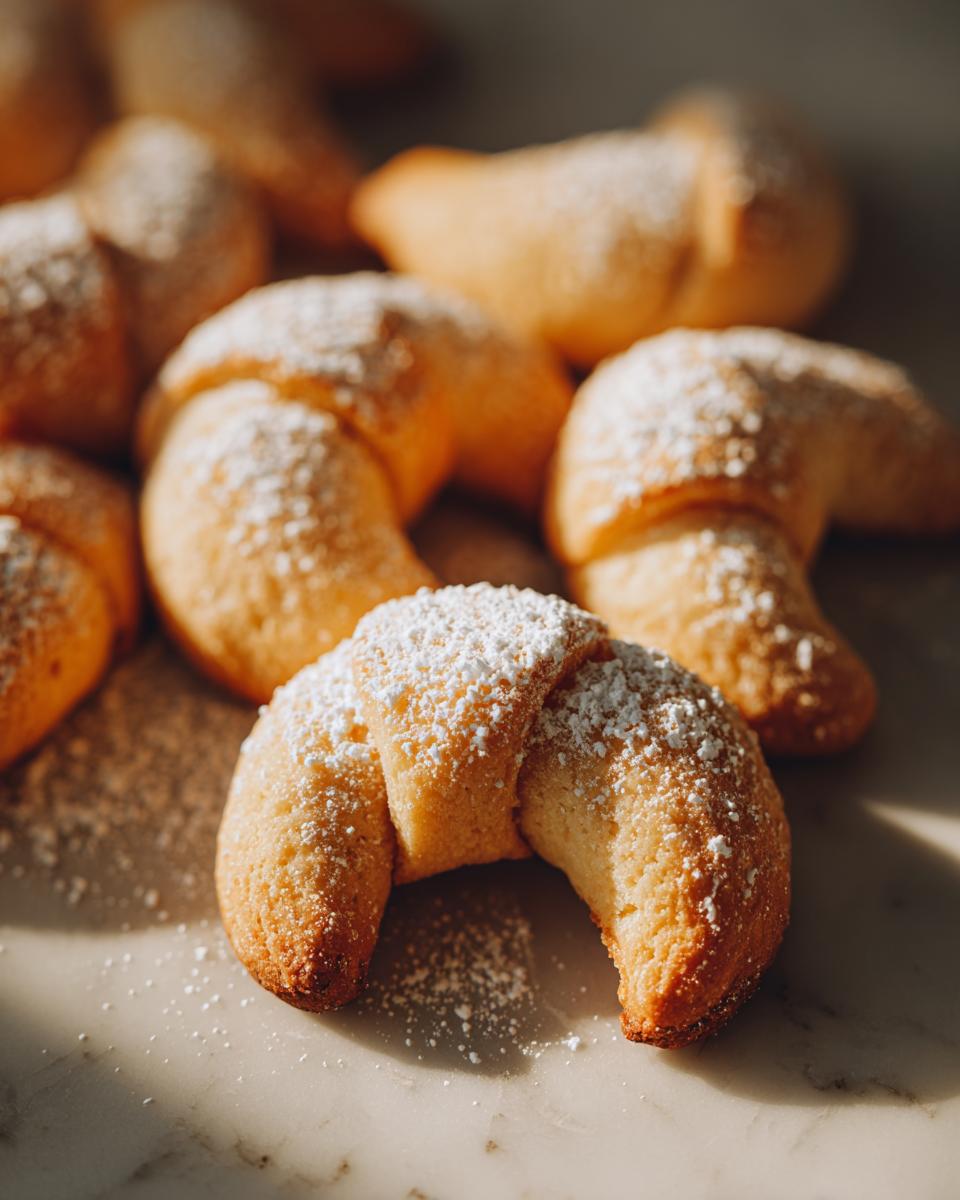 Nahaufnahme von hausgemachten Vanillekipferl, bestäubt mit Puderzucker, auf einer Marmorplatte.