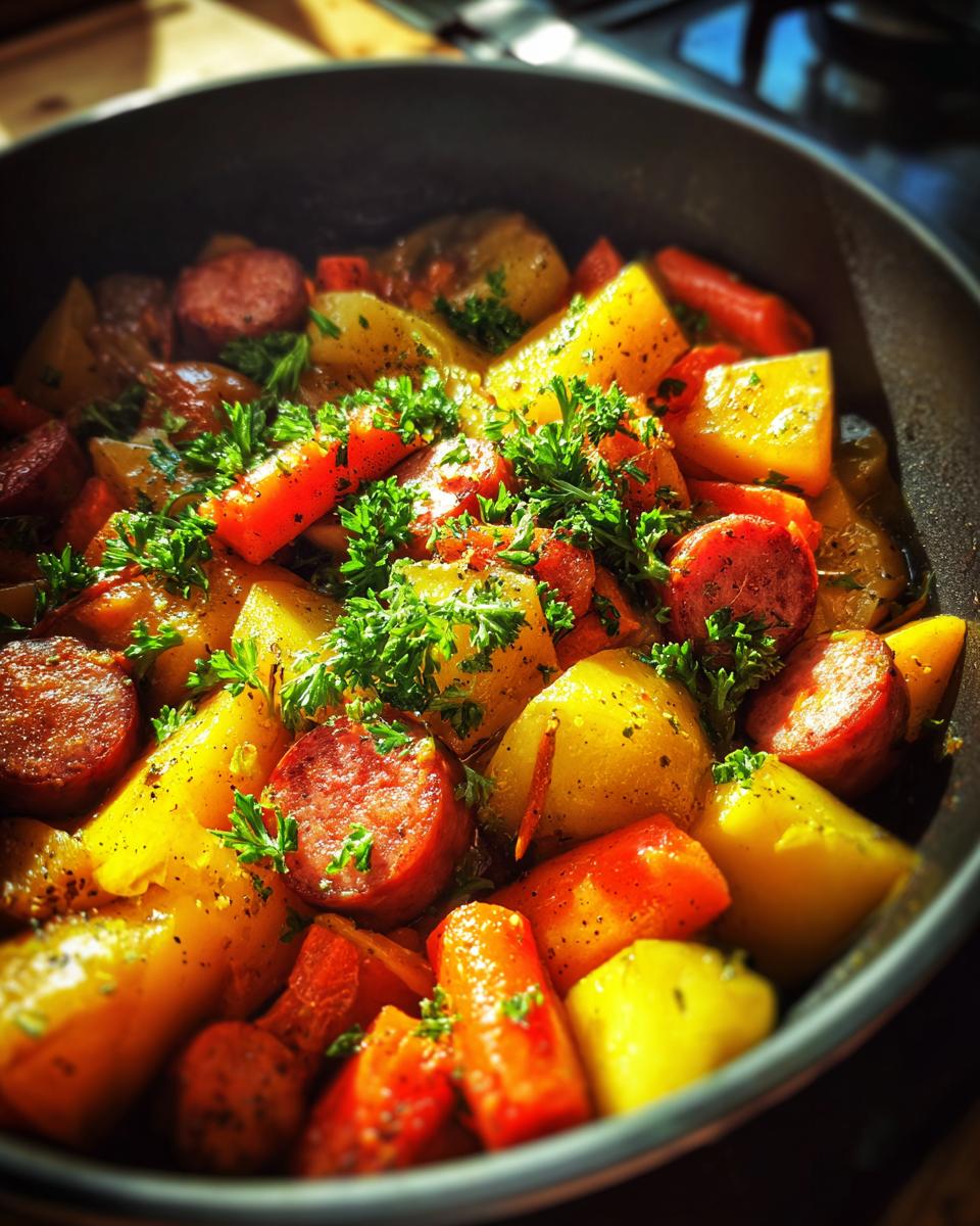 Nahaufnahme eines herzhaften herbstlichen Gemüseeintopfs mit Kartoffeln, Karotten und deftigen Würstchen, garniert mit Petersilie.