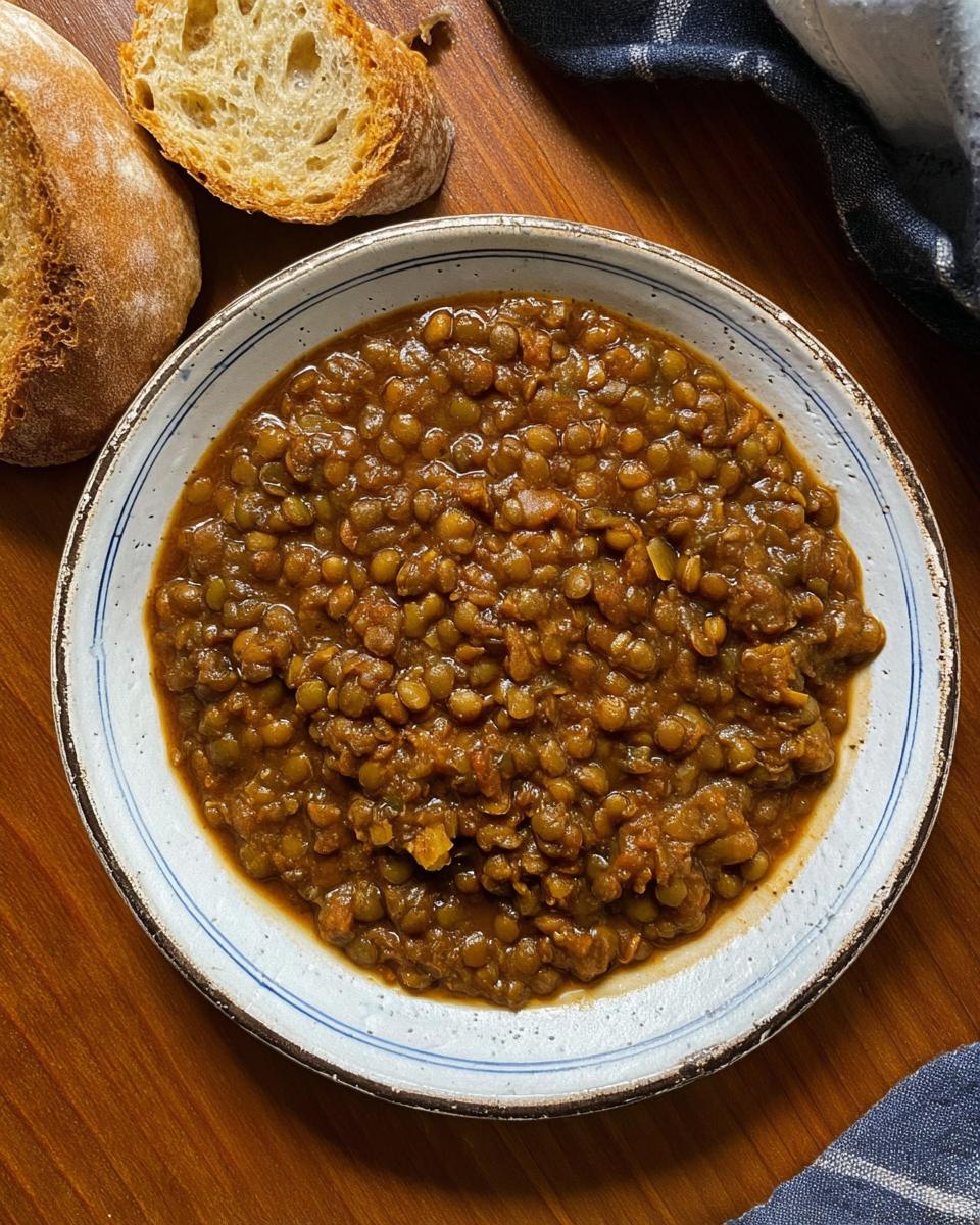 Eine Schüssel mit herbstlichem Linseneintopf, serviert mit knusprigem Brot.