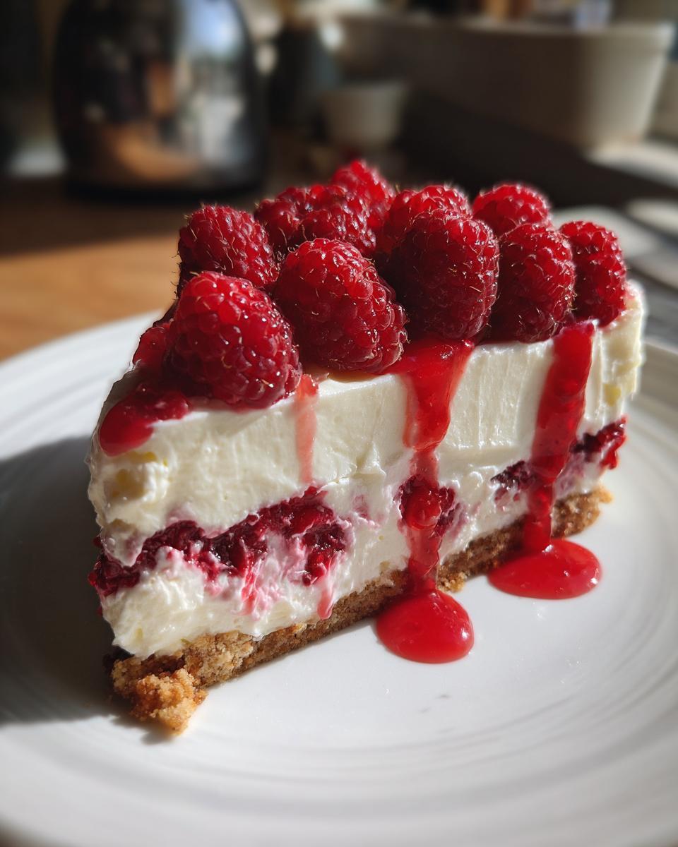 Ein köstliches Stück Himbeer-Mascarpone-Torte mit frischen Himbeeren und rotem Soßenspiegel.