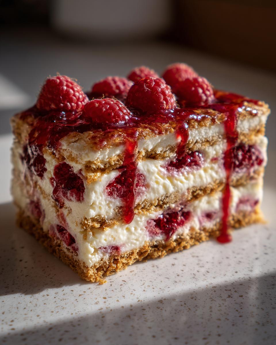 Ein Stück Himbeer-Mascarpone-Torte mit frischen Himbeeren und Himbeersirup.