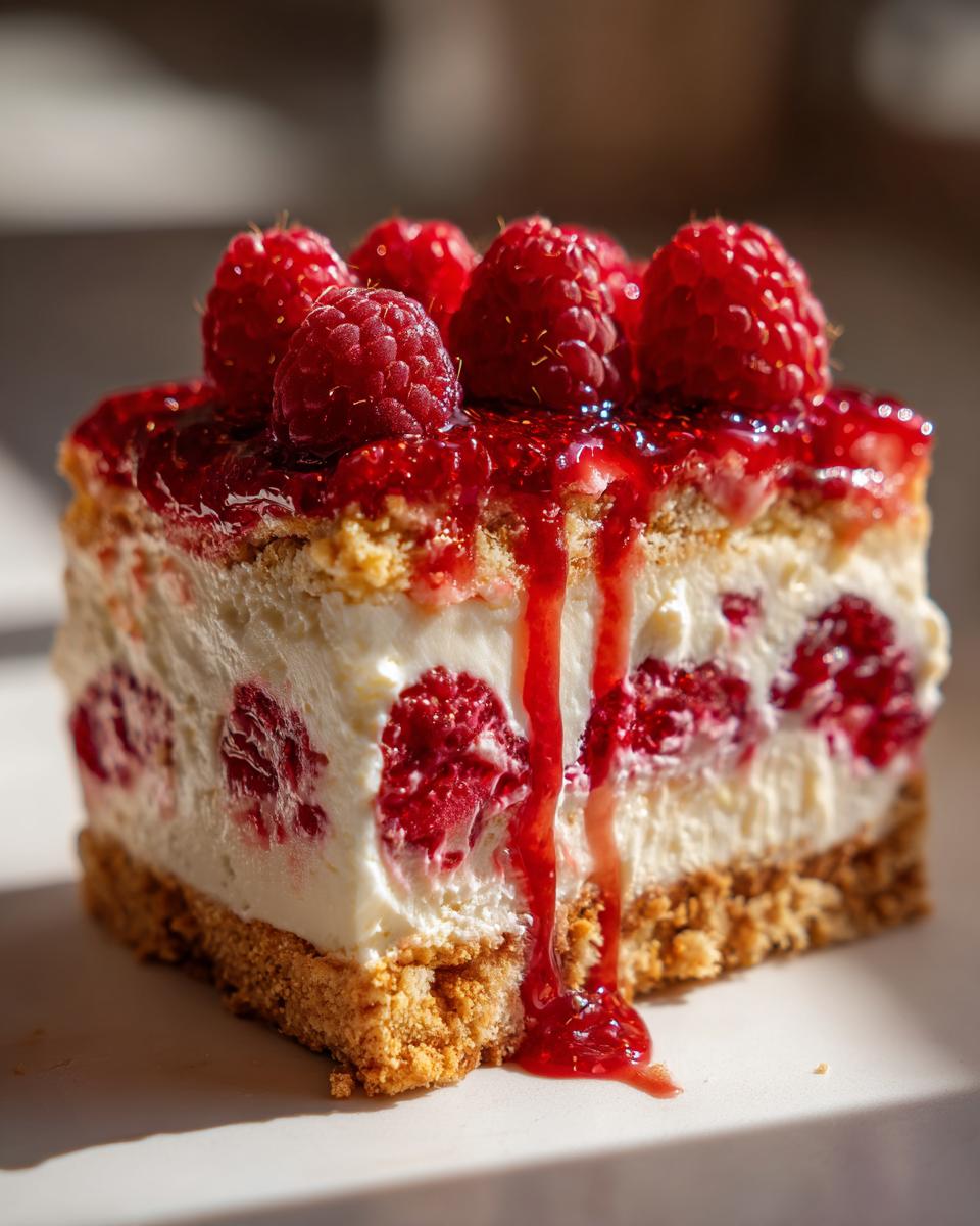 Ein Stück Himbeer-Mascarpone-Torte mit frischen Himbeeren und Himbeersoße.