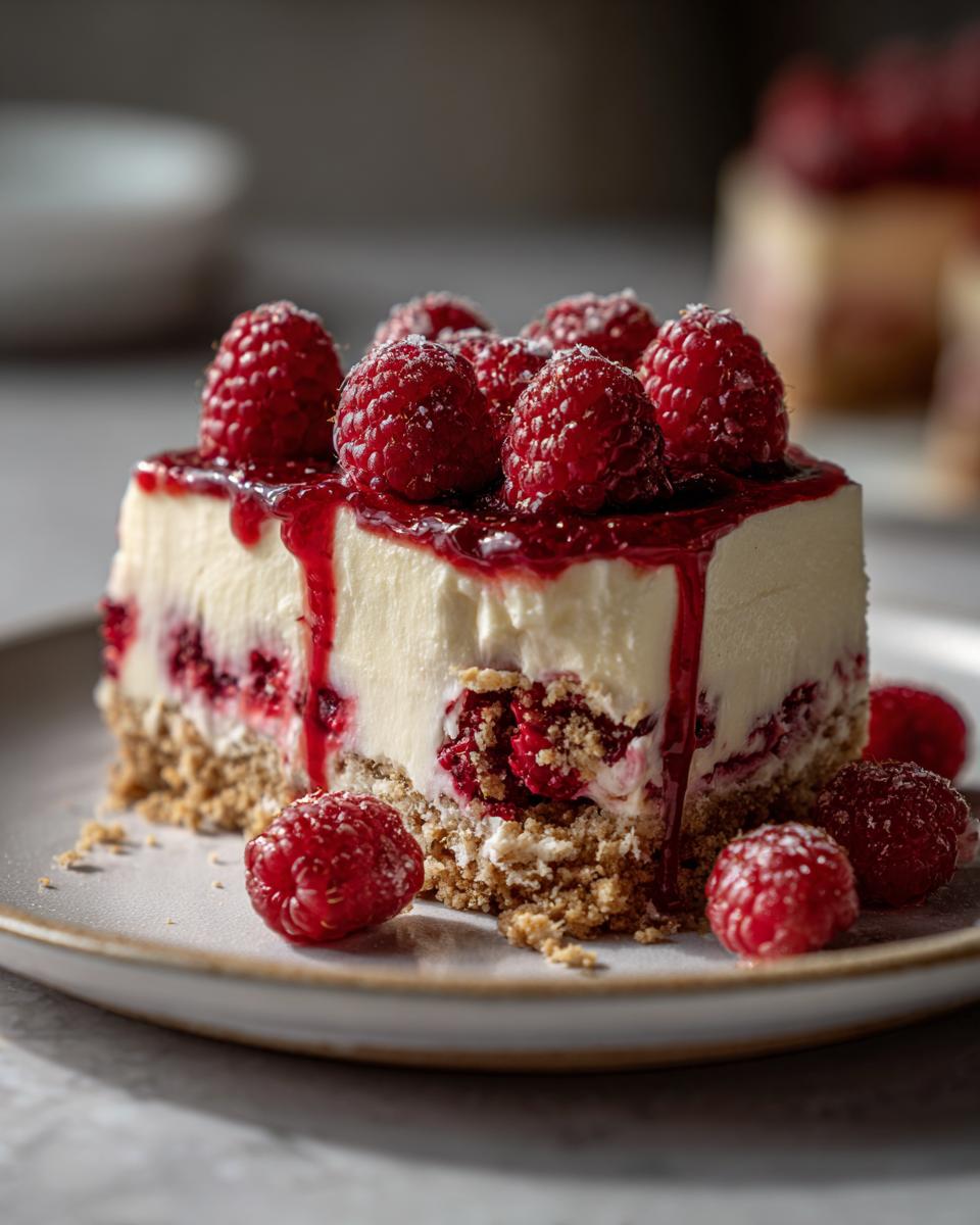 Ein köstliches Stück Himbeer-Mascarpone-Torte mit frischen Himbeeren und Himbeersauce.