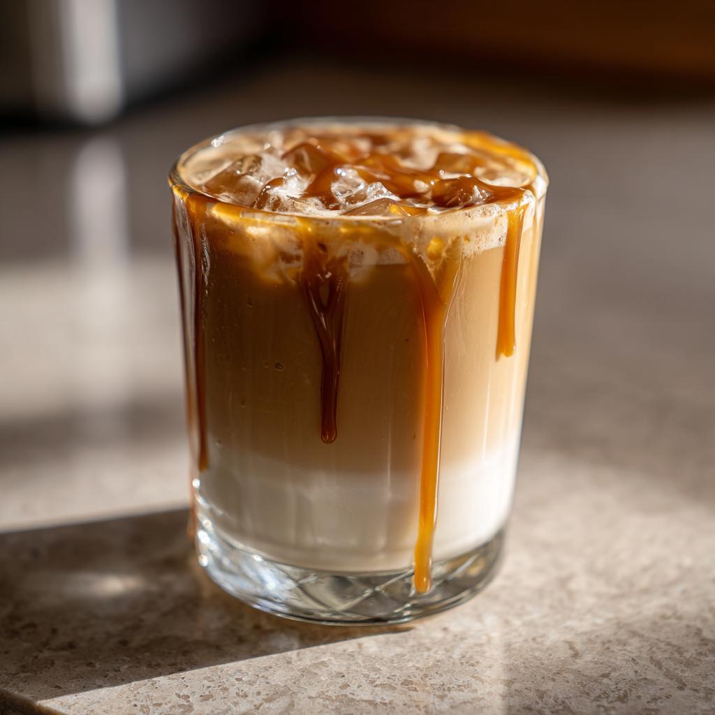Ein erfrischender Iced Caramel Latte mit Vanillemilch, geschichtet mit Eis und Karamellsauce, die am Glas herunterläuft.