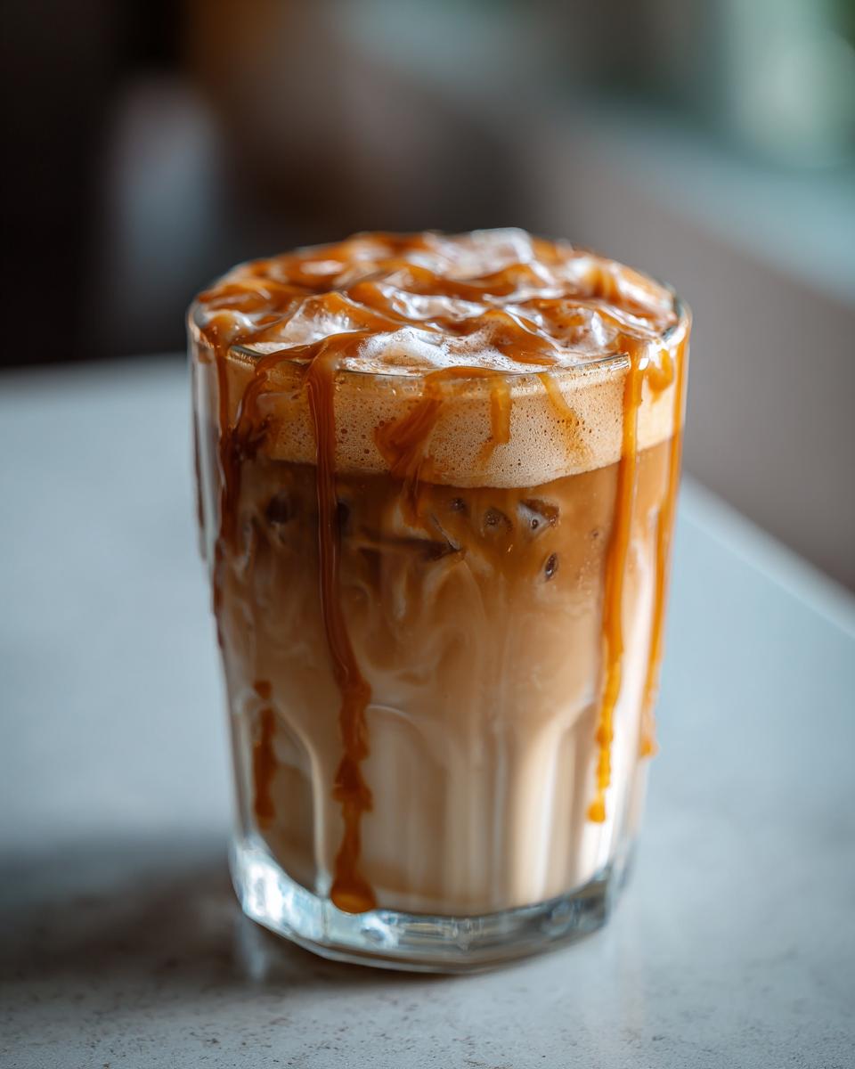 Ein Glas Iced Caramel Latte mit Vanillemilch, gefüllt mit Eiswürfeln und übergossen mit Karamellsauce.