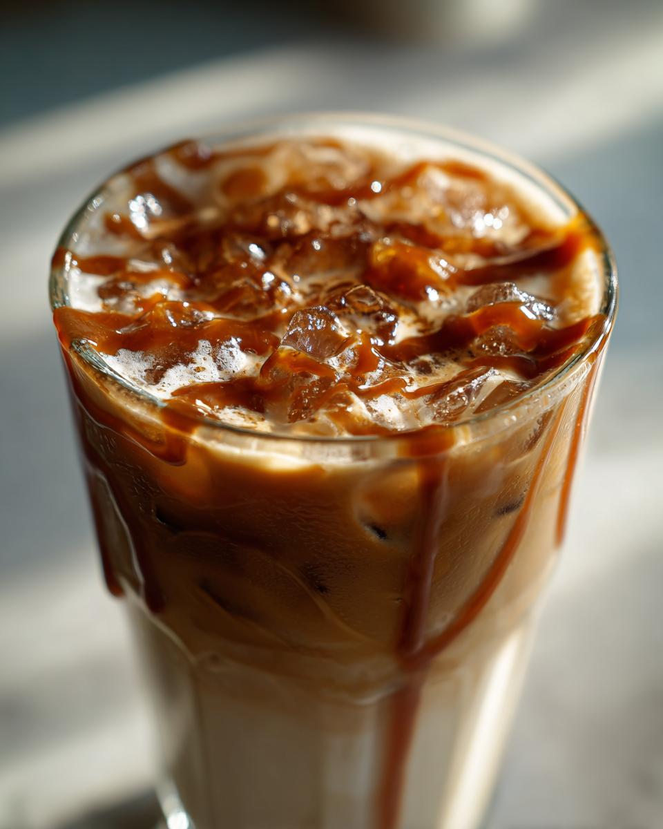 Nahaufnahme eines Iced Caramel Latte mit Vanillemilch, mit Eiswürfeln und Karamellsauce.