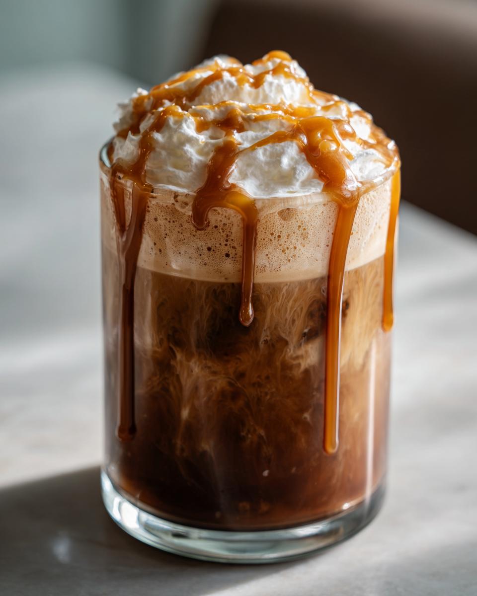 Ein erfrischender Iced Caramel Latte mit Vanillemilch, gekrönt mit Sahne und Karamellsauce.