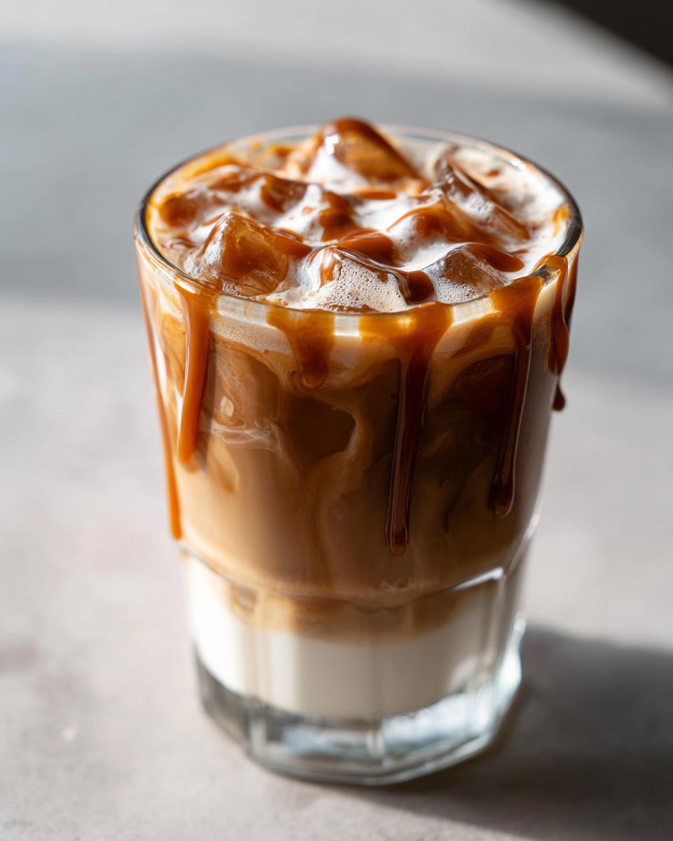 Ein erfrischender Iced Caramel Latte mit Vanillemilch, garniert mit Karamellsauce und Eiswürfeln.