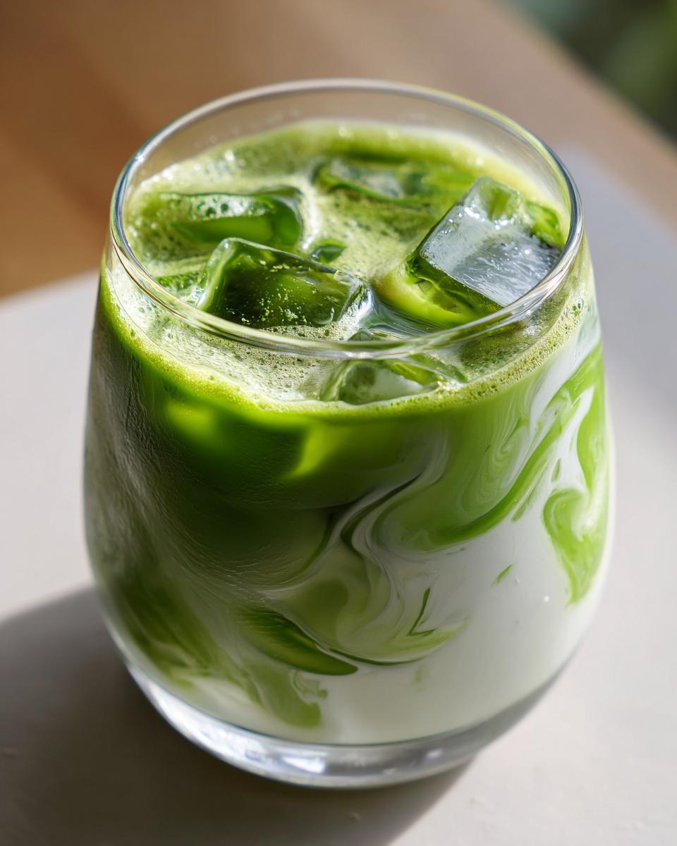 Nahaufnahme eines Iced Matcha Latte mit Vanille, mit Eiswürfeln und cremigen Milchwirbeln.