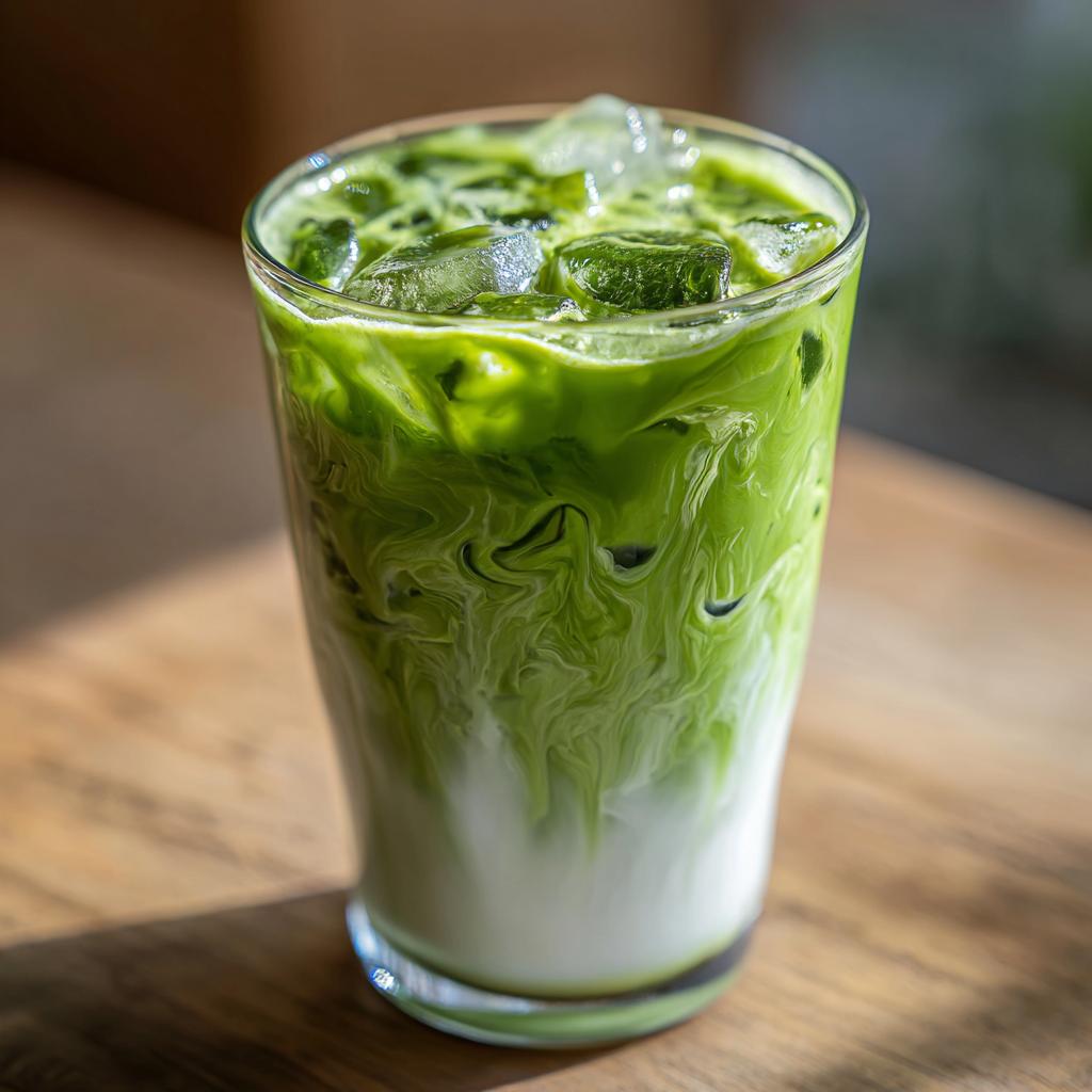 Nahaufnahme eines Iced Matcha Latte mit Vanille im Glas, mit Eiswürfeln und cremiger Milch.