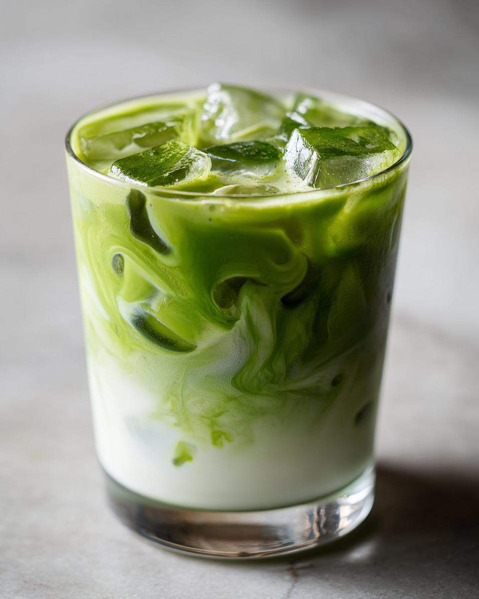 Nahaufnahme eines Iced Matcha Latte mit Vanille, mit Eiswürfeln und cremigen Milchwirbeln.