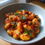 Nahaufnahme von Italienischen Tomaten-Gnocchi mit Basilikumrahm, appetitlich serviert in einer Schüssel.