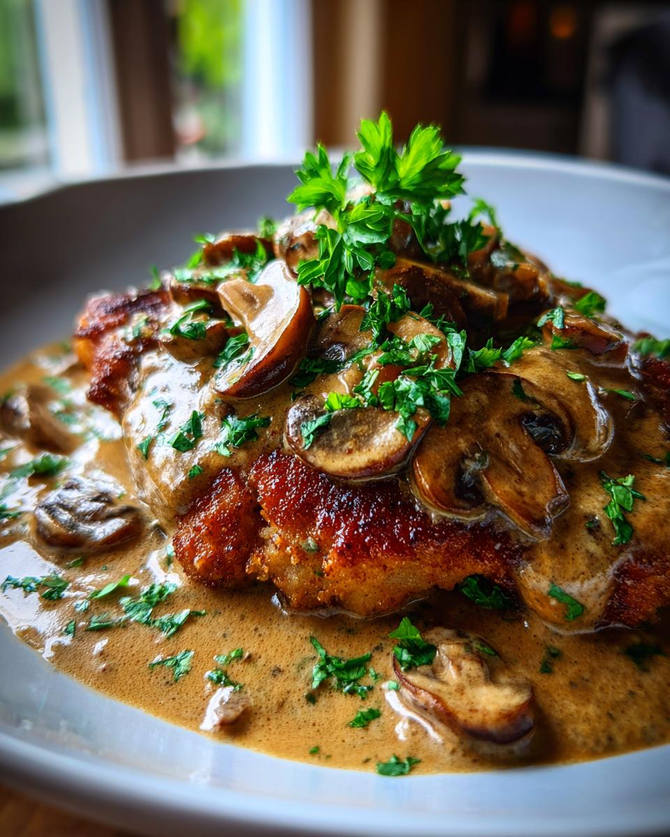 Nahaufnahme eines Jägerschnitzels mit cremiger Pilzrahmsauce und frischer Petersilie garniert.