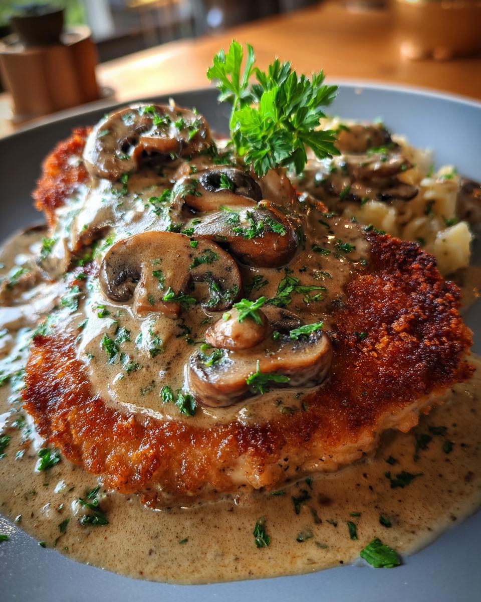 Ein knuspriges Jägerschnitzel mit Pilzrahmsauce und frischer Petersilie garniert, serviert mit Kartoffelpüree.
