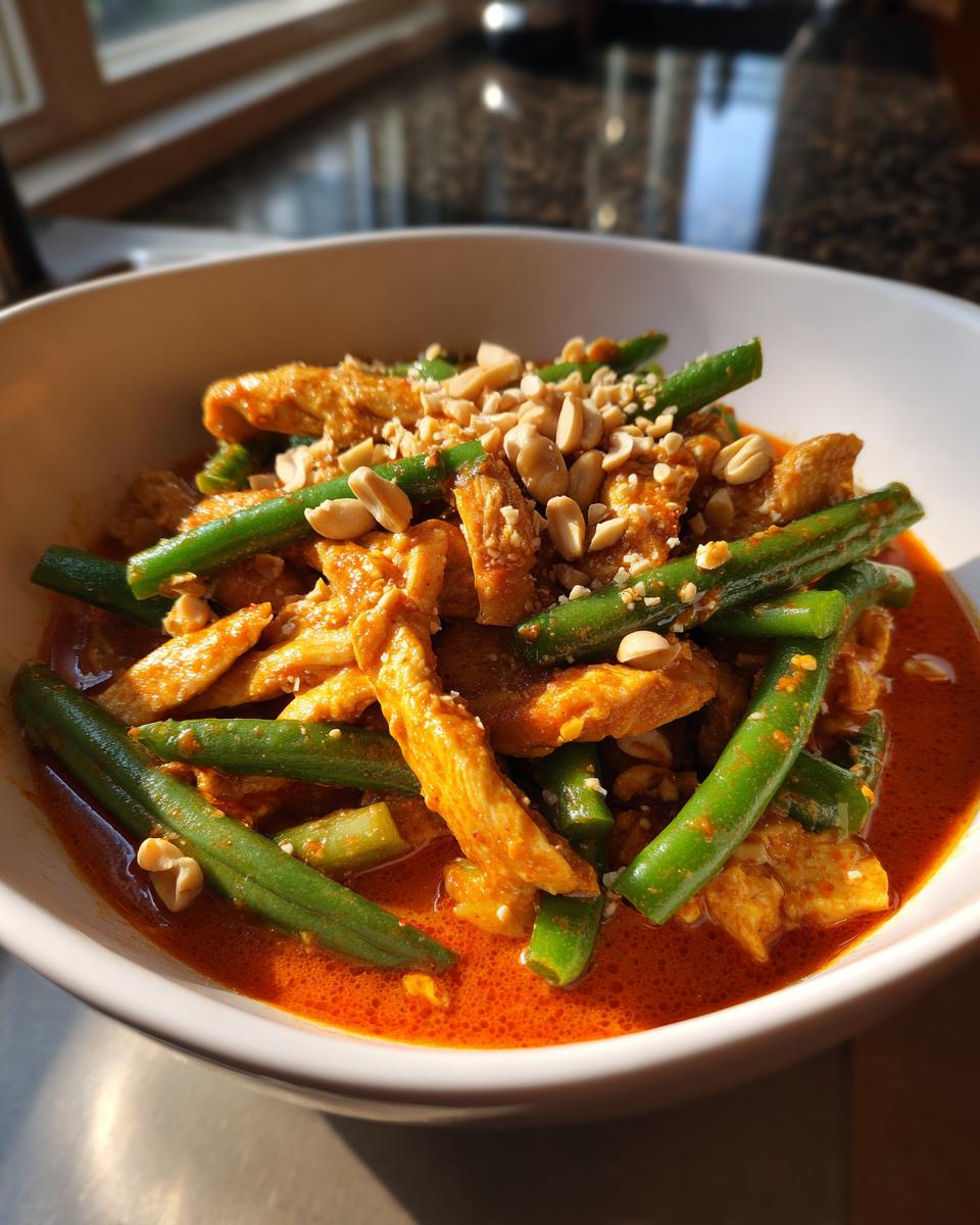 Eine Schüssel mit authentischem Kaeng Phanaeng, gefüllt mit zartem Hähnchenfleisch, knackigen grünen Bohnen und Erdnüssen in einer cremigen roten Curry-Sauce.