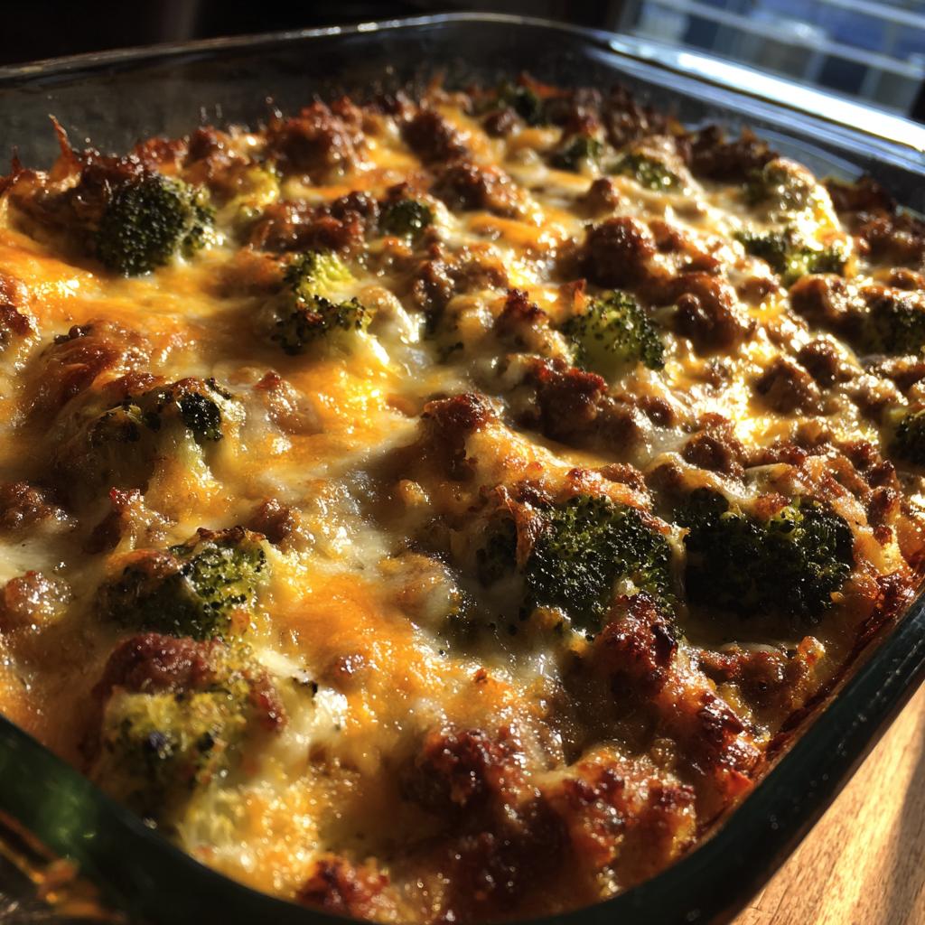Nahaufnahme eines goldbraun überbackenen Käse-Brokkoli-Hackauflaufs in einer Auflaufform.