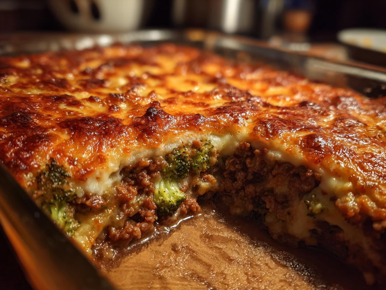 Nahaufnahme eines frisch gebackenen Käse-Brokkoli-Hackauflaufs mit geschmolzenem Käse und saftigem Hackfleisch.