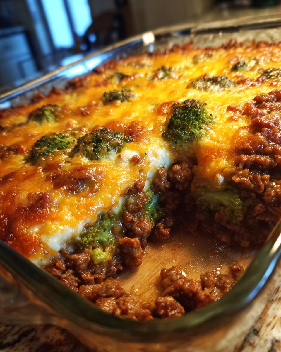Nahaufnahme eines frisch gebackenen Käse-Brokkoli-Hackauflaufs in einer Auflaufform, mit geschmolzenem Käse und saftigem Hackfleisch.