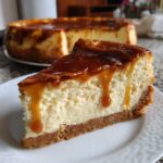 Ein Stück cremiger Käsekuchen mit Karamellhaube, das auf einem weißen Teller serviert wird.
