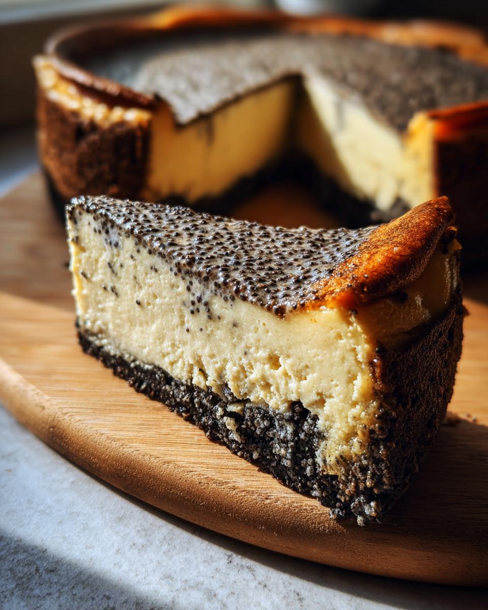 Ein saftiges Stück Käsekuchen mit Mohnboden, das auf einem Holzbrett liegt. Der Mohnboden ist dunkel und der Käsecremeanteil hell und cremig.