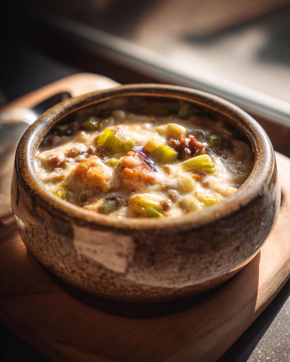Eine dampfende Schüssel herzhafter Käsesuppe mit Lauch und Hackfleisch, garniert mit frischen Kräutern.