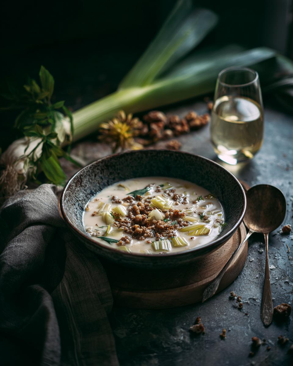Eine Schüssel mit herzhafter Käsesuppe, Lauch und Hackfleisch, daneben ein Glas Weißwein und Lauchstangen.