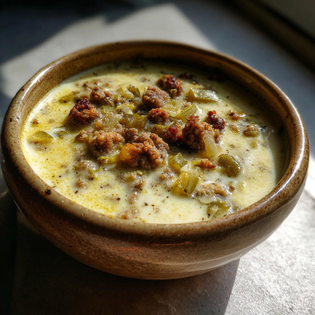 Eine Schüssel mit cremiger Käsesuppe mit Lauch und Hackfleisch, garniert mit gebratenen Hackfleischstückchen.