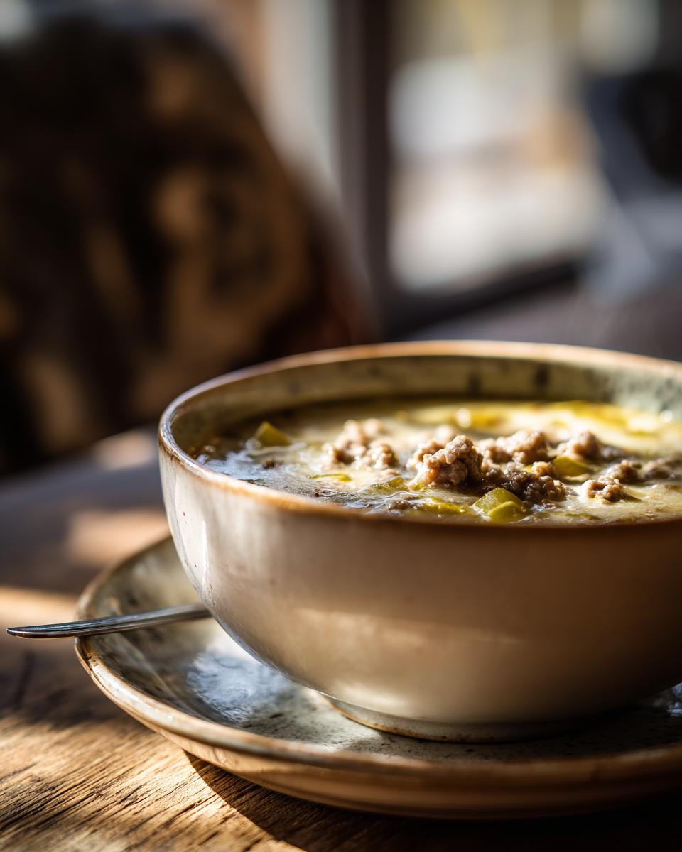 Eine dampfende Schüssel Käsesuppe mit Lauch und Hackfleisch, serviert auf einem rustikalen Holztisch.