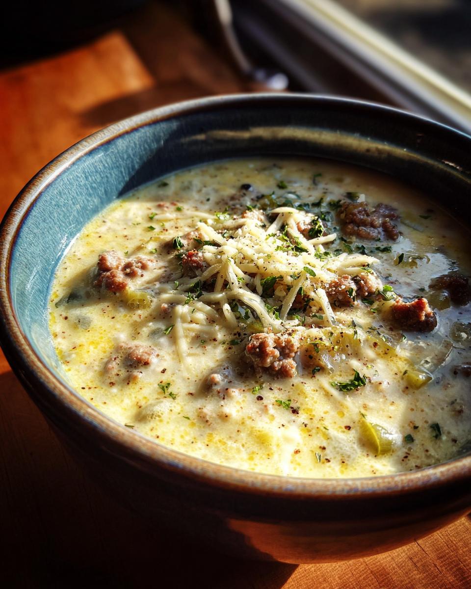 Eine dampfende Schüssel Käsesuppe mit Lauch und Hackfleisch, garniert mit geriebenem Käse und Petersilie.