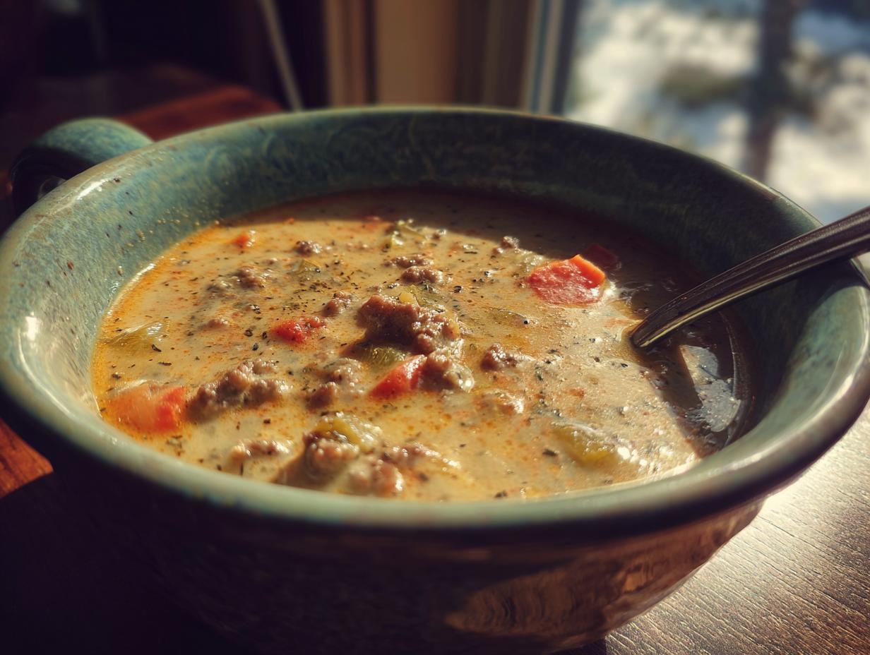 Herzhafte Käsesuppe: 1x Lauch, Hackfleisch Glück