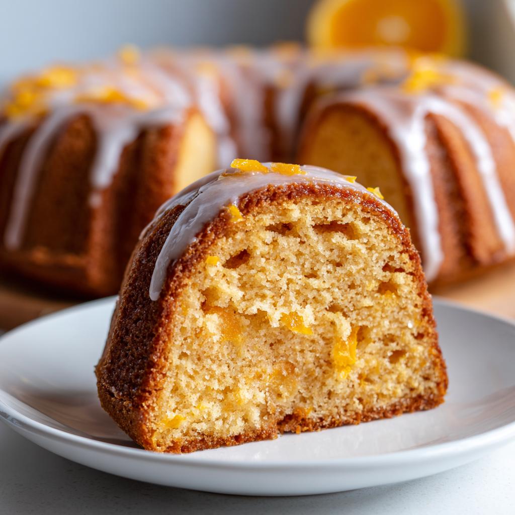 Ein Stück saftiger Kaki-Orangen-Kuchen mit Zuckerguss und Orangenschale, im Hintergrund der ganze Kuchen.