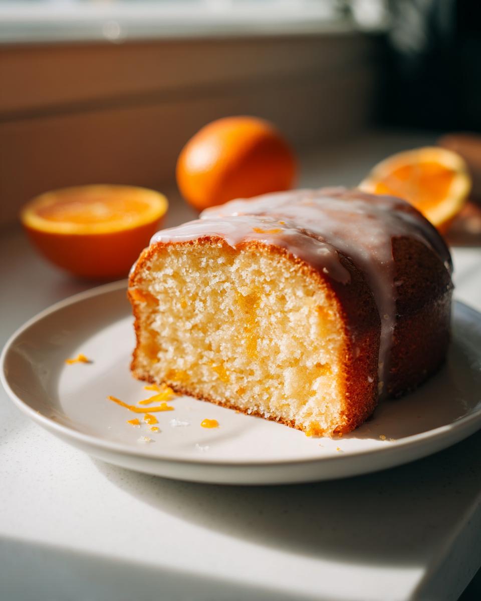Ein Stück saftiger Kaki-Orangen-Kuchen mit leckerer Glasur auf einem Teller.