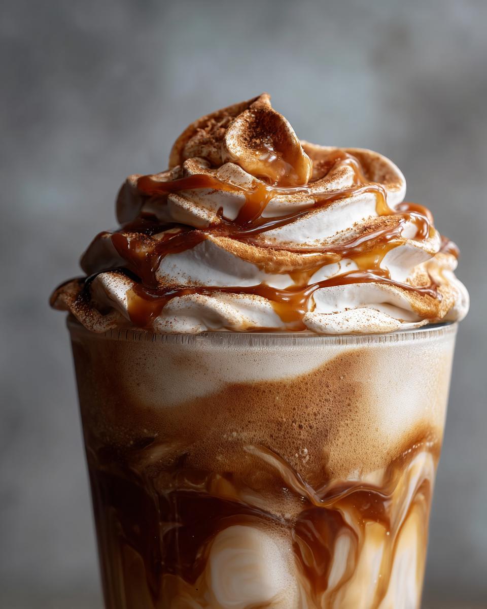 Nahaufnahme einer Karamell-Vanille-Milch mit Zimt, gekrönt mit Sahne und Karamellsauce.