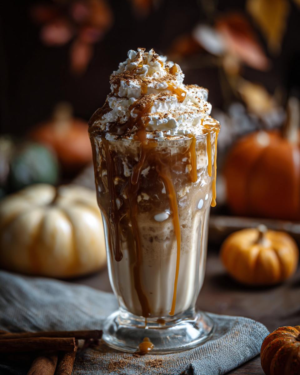 Ein Glas Karamell-Vanille-Milch mit Zimt, garniert mit Schlagsahne und Karamellsauce.