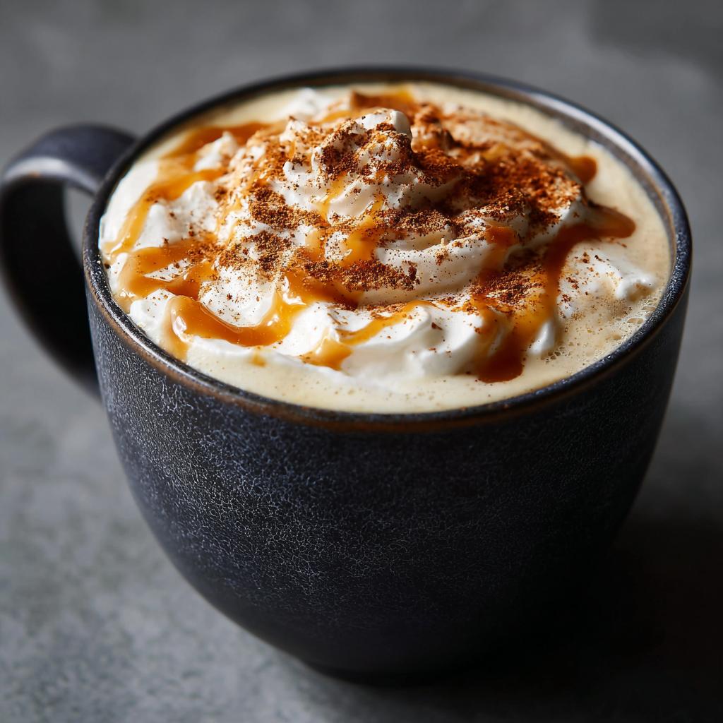 Nahaufnahme einer Tasse Karamell-Vanille-Milch mit Zimt, garniert mit Sahne, Karamellsauce und Zimtpulver.