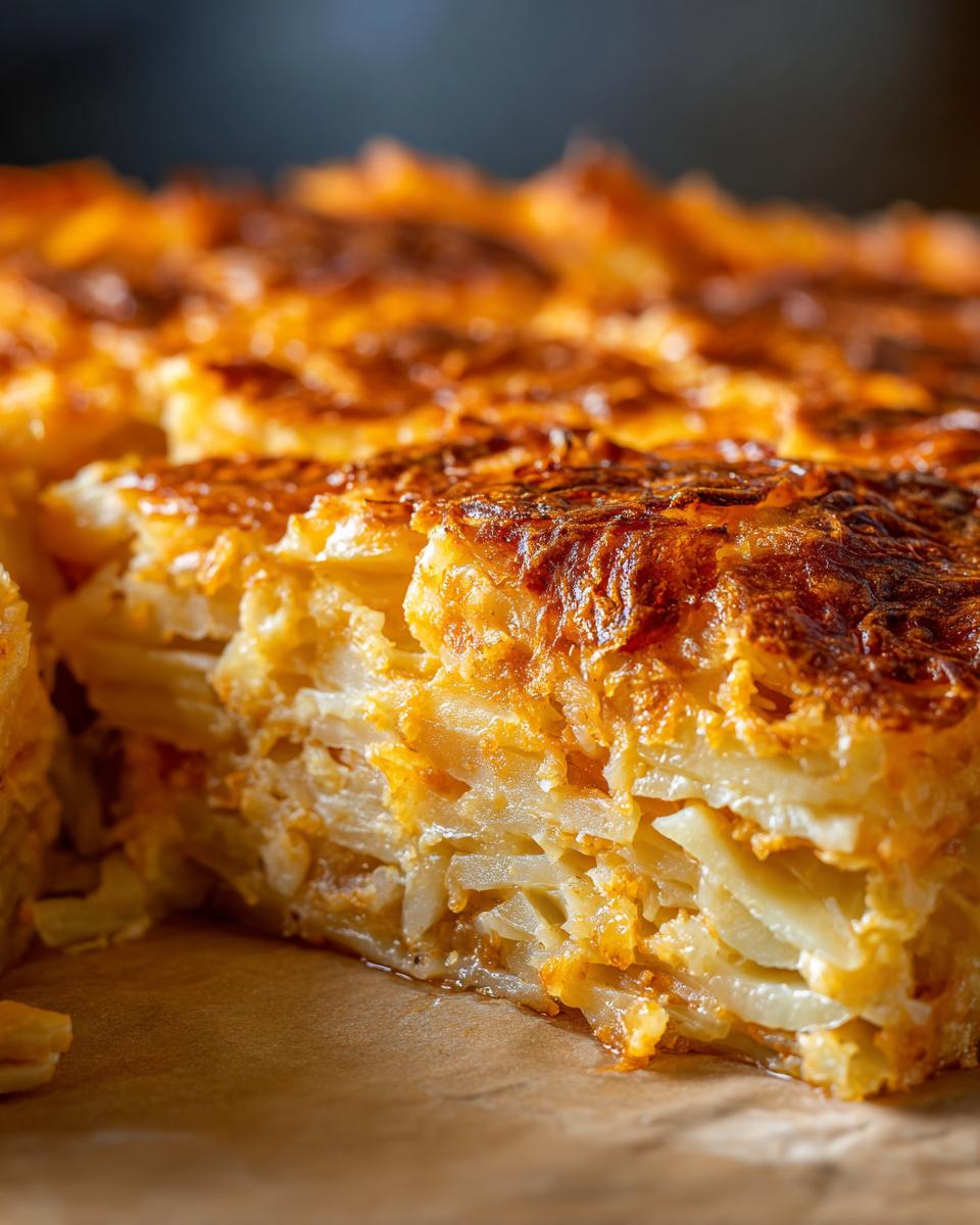 Nahaufnahme eines saftigen Kartoffel-Sahne-Gratins mit Käsekruste, geschichtet und goldbraun gebacken.