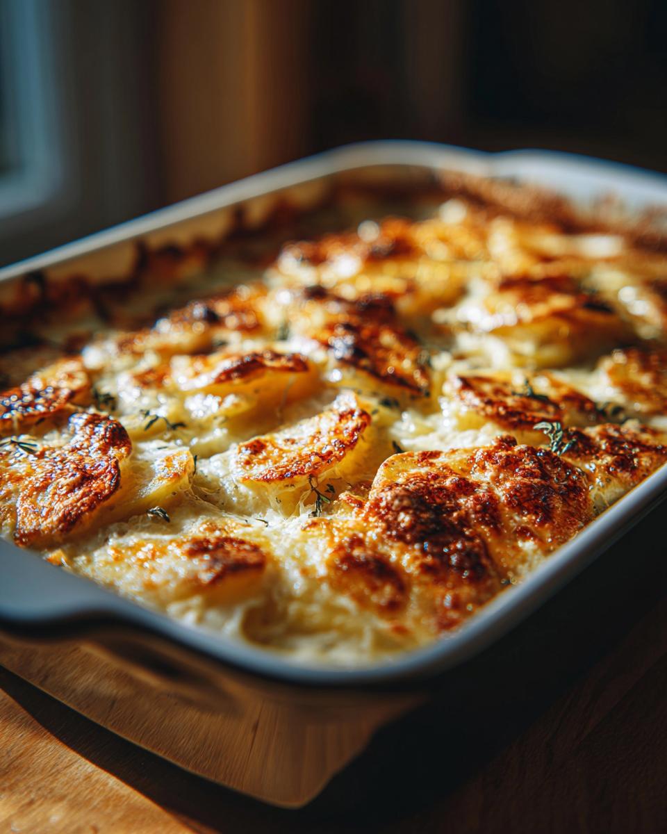 Nahaufnahme von einem goldbraun gebackenen Kartoffelgratin mit Lauch und Sahne, das in einer Auflaufform serviert wird.