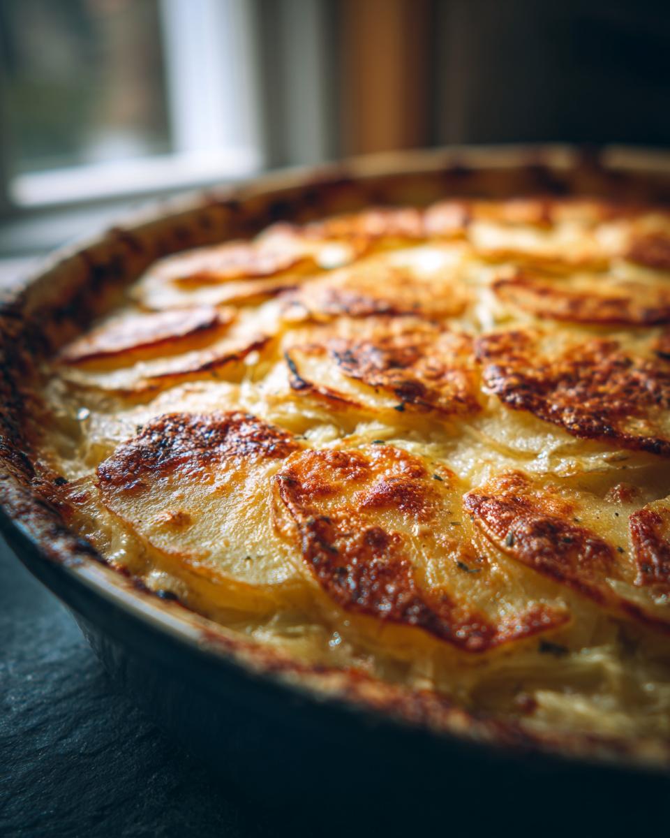 Nahaufnahme von einem frisch gebackenen Kartoffelgratin mit Lauch und Sahne, die Kartoffelscheiben sind goldbraun gebacken.