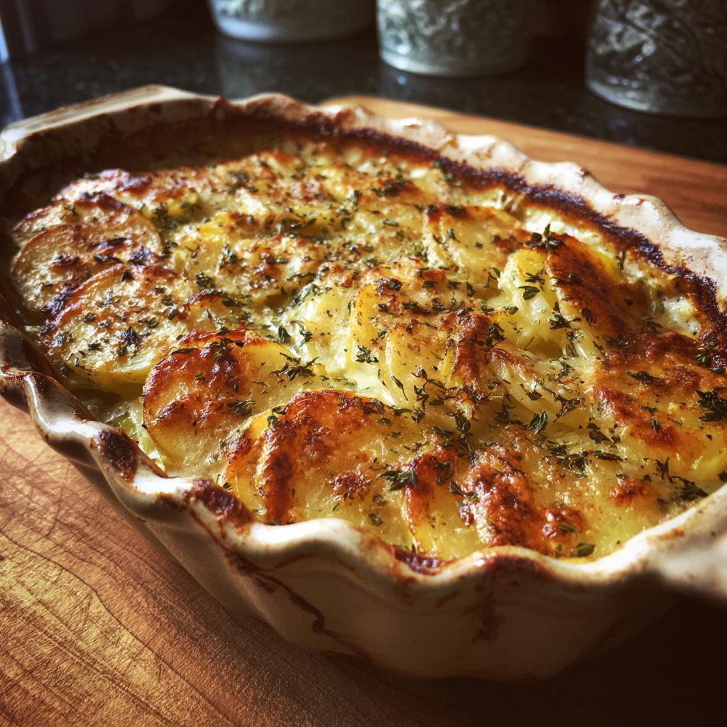 Nahaufnahme eines goldbraunen Kartoffelgratins mit Lauch und Sahne, bestreut mit Kräutern.